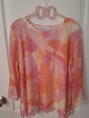 ALFRED DUNNER Pink, Coral, Mesh, Crochet, Sequin, Knit Tunic Top SIZE PXL
